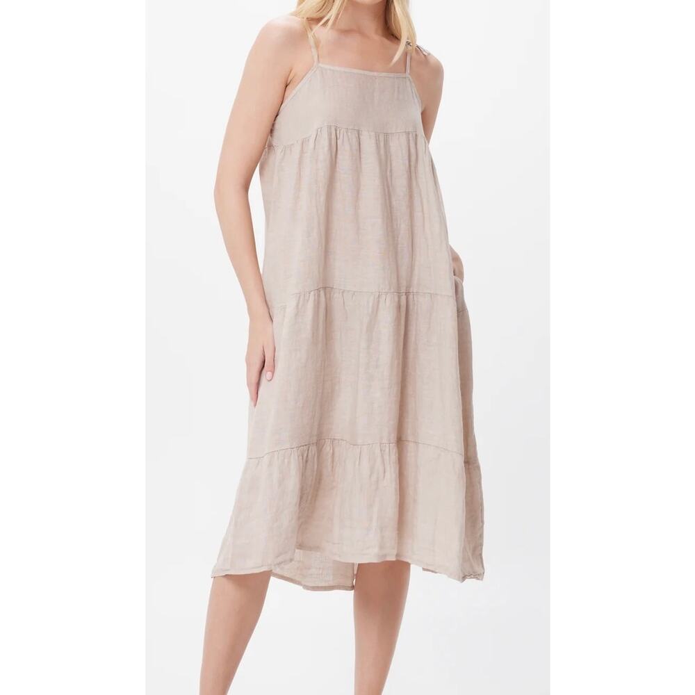 Suzy D London Sapphire Linen Dress Womens Size L Beige Baby Doll Beach Pockets